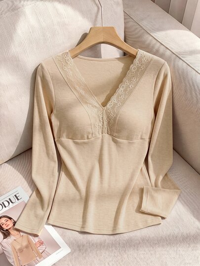 Miaspire Middle-Aged Women Lace Patchwork Casual Daily Long Sleeve T-Shirt
