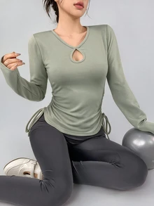 DAZY Women's Solid Color Pleated Casual Daily Long Sleeve Sports T-Shirt - Mint Green - View 5