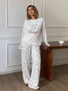 DAZY Cute Black And White Loose Long Sleeve T-Shirt Straight Leg Long Pajama Pants 2pcs Set Women's Sleepwear Sleep Home Fall Casual - Grey - View 3