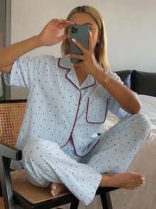 DAZY 2pcs/Set Women's Polka Dot All-Over Print Short Sleeve Cardigan Top & Straight Leg Long Pajama Pants Sleepwear Set - Blue - View 10