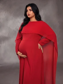 Cheriluna Maternity 大尺碼純色休閒浪漫優雅派對正式洋裝，適合孕婦，秋季聖誕紅 - 紅色 - 查看 5