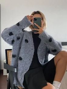 DAZY Women's V-Neck Polka Dot Casual Loose Cardigan - Dusty Blue - View 2