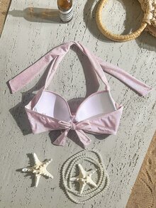SHEIN Swim 夏季海灘扭結式聚攏胸型掛脖比基尼上衣 - 粉色 - 查看 2
