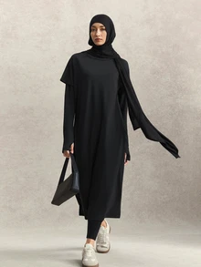 Activina Women's Solid Color Hooded 2 In 1 Sports Dress - Black - View 4