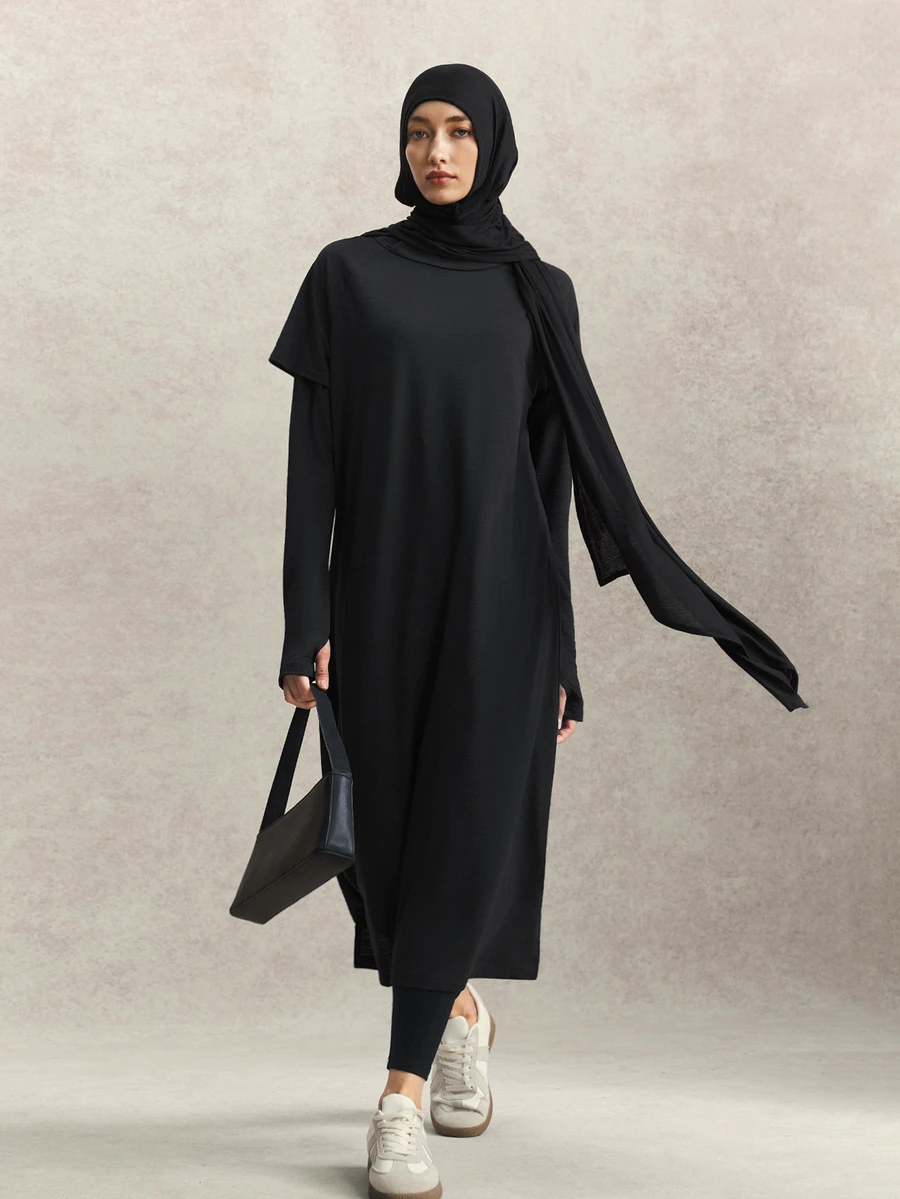 Activina Women's Solid Color Hooded 2 In 1 Sports Dress - Black - View 1