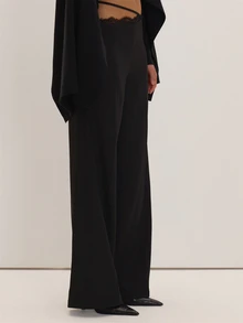 MUSEYN Black Woven Asymmetric Lace Trim Strap Detail Trousers Versatile Everyday Casual Chic New Season Fall - Black - View 3