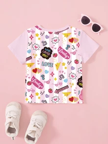 SHEIN X Care Bears Young Girl Heart Cartoon Print Round Neck Short Sleeve Casual T-Shirt - White - View 2