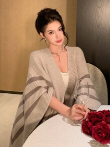 DAZY Women's Striped Batwing Sleeve Elegant Shawl Cardigan Winter - Blue - View 3