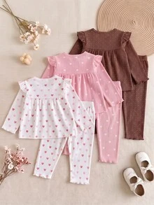 SHEIN Playful Pals 幼兒女嬰上衣褲子套裝 可愛甜美 粉色白色棕色 心形印花波點 荷葉邊長袖圓領 常規款 假日派對 秋季舒適羅紋 - 彩色 - 查看 2