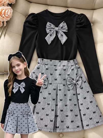 SHEIN Tween Girls Puff Long Sleeve Bow Top And Pleated Skirt Two Pieces Preppy Outfit Set
