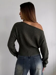 Aloruh 女款淺米色不對稱肩領短版針織套頭毛衣，休閒秋冬款，老錢風優雅約會早午餐外出上衣 - 軍綠色 - 查看 2
