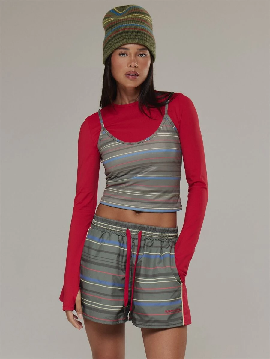 Musera Sport Atasan Cami Lengan Panjang Bertali dengan Motif Garis-Garis Ganda untuk Aktivitas Luar Ruangan, Olahraga, dan Gym, Terra Peak - MultiWarna - View 1