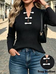 SHEIN New Chinese Style Stand Collar Ribbed Knit Top With Traditional Frog Buttons - Black - View 7