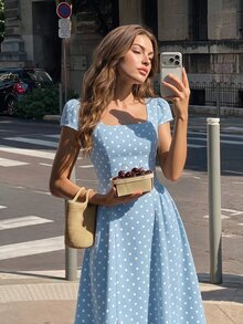 SHEIN MOD Apricot Black Polka Dot Square Neck Cap Sleeve Midi Dress - Blue - View 5