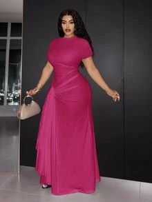 Slaydiva فستان أنيق بأسلوب عملي كاجوال جديد للربيع/الصيف للحفلات والعشاء والمواعيد الرسمية والزفاف، بقصة ضيقة، بلون أبيض موحد، شبه شفاف، بياقة قارب، مقاسات كبيرة - روز أحمر - مشاهدة 5
