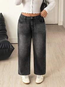 Flexra Plus Size Women's Straight Leg Loose Casual Versatile Denim Jeans With Pockets - Black - View 5