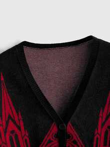 ROMWE Dark Gothic Church Demon Pattern Jacquard V-Neck Loose Fit Plus Size Cardigan Women Fall Winter Sweater - Black - View 4