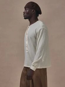 Musero Ribbed Lose Fit Henley Long Cuffed Sleeve Button Detail Autum Winter Essentials - Apricot - View 3