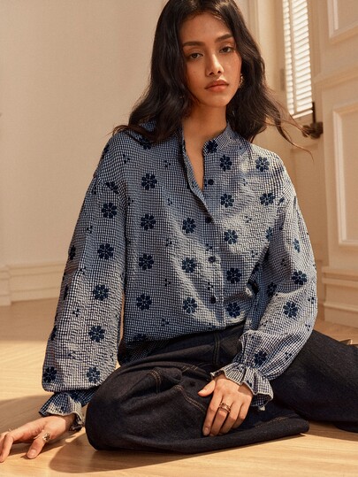 SHEIN ライトブルー 刺繍入り 小さなスタンドカラー 長袖ブラウス レディース ルーズ カジュアル オープンフロント 織り生地トップス