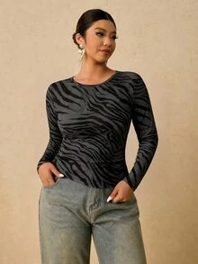Travachic 大尺碼女款斑馬紋休閒百搭長袖T恤 - 灰色 - 查看 3