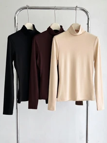 SHEIN BASICS Women's Solid Color Long-Sleeve Mock Neck Casual T-Shirts (3-Pack) - Multicolor - View 7