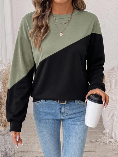 SHEIN LUNE Women's Minimalist Colorblock Long Sleeve Sweatshirt For Daily Wear