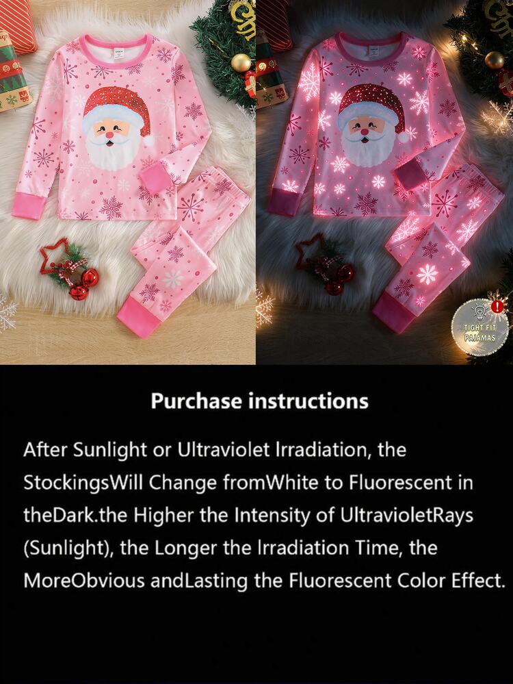 Young Girl 2 Pieces Christmas Glow-In-The-Dark Pajamas (Fitted): Includes Long Sleeve Crew Neck Top And Pants With Santa Claus And Snowflake Print - Pink - View 8