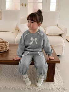 DAZY Infant (Girl) Round Neck Korean Style Long Sleeve Sweatshirt + Casual Long Pants Bowknot Fresh Sweatshirt Set - Grey - View 5