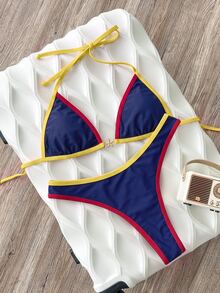 Elavelle 女款春夏拼接色歐美性感風掛脖金屬飾高衩比基尼泳衣套裝 - 彩色 - 查看 4
