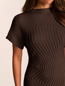 SHEIN BAE 韓式優雅羅紋針織不對稱緊身連身裙 女款 夏季修身貼身彈性包臀洋裝 適合早午餐、茶會、休閒穿搭 米白色 - 咖啡棕 - 查看 6