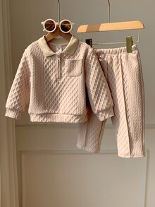 SHEIN 男女嬰兒/幼兒 2件組秋冬加厚紋理布料 POLO 套裝，衛衣套裝，嬰兒冬季服飾，聖誕 - 杏色 - 查看 3