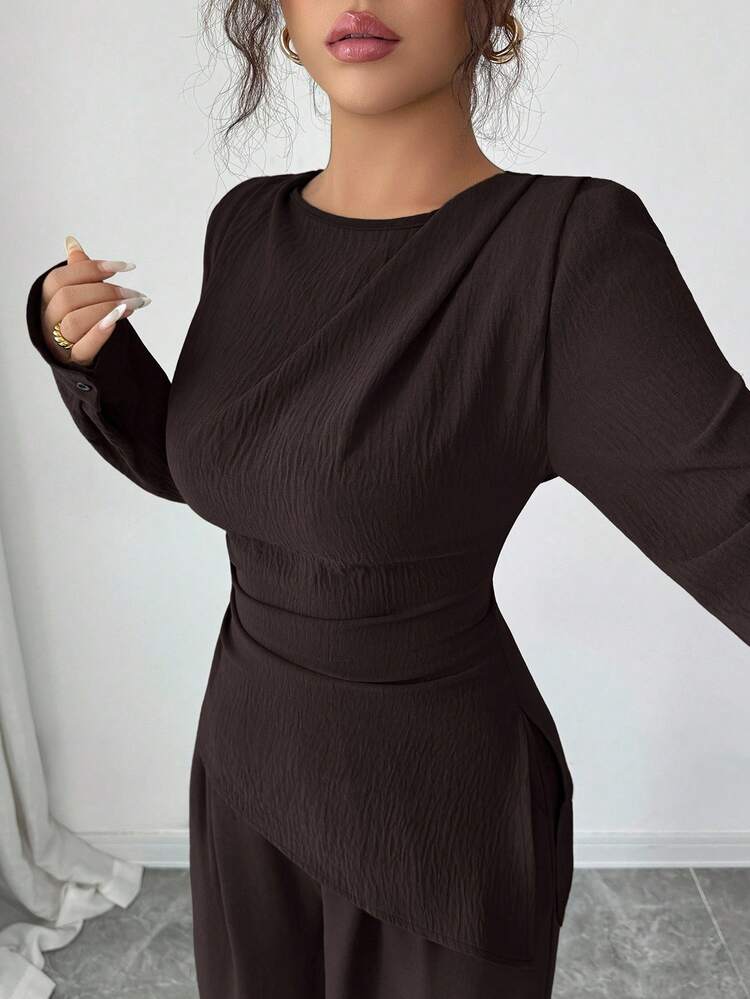 SHEIN Raffinéa Women's Solid Color Crew Neck Ruched Asymmetrical Hem Long Sleeve 2 Pieces Set - Brown - View 8