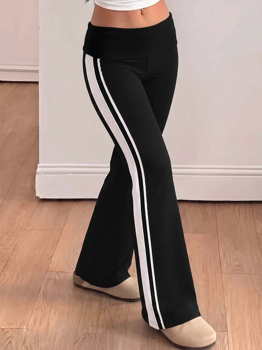 Tween Girls Streetwear Cool Tween Girl Versatile Vintage Y2K Flared Long Pants Green Striped Pattern - White - View 1