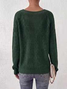 LUMIGAL Women's Casual Solid Color V-Neck Raglan Sleeve Sweater, Autumn/Winter - Dark Green - View 2