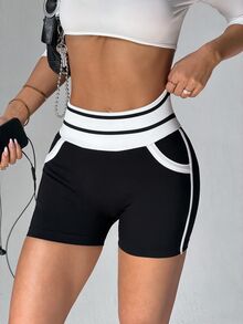 Slayform Seamless Knit Contrast Color Pocket Sports Shorts - Black - View 8