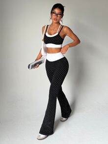 SHEIN Sovereign Charm Seamless Knit Women's Polka Dot Sports Set - Black - View 3