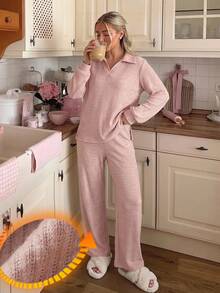 DAZY Autumn/Winter Simple Knit Women's Pajama Set For Home - Pink - View 6