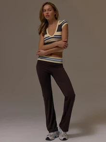 Musera Sport Striped V Neck Fitted Top With Fitted Flare Yoga Pants Fall Winter Autumn Fitness Gym Pilates - Coffee Brown - View 4