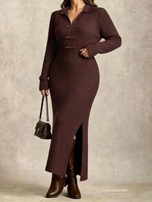 Linhara CURVE Autumn/Winter Plus Size Ribbed Knit Long Dress, Turn-Down Collar, Side Slits, Slimming Long Sleeve Polo Dress - Brown - View 3