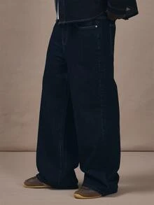 Baggy Denim Jeans Silver Hardwear Brown Leather "Musero Patch" Autum Winter Essentials - Navy Blue - View 3