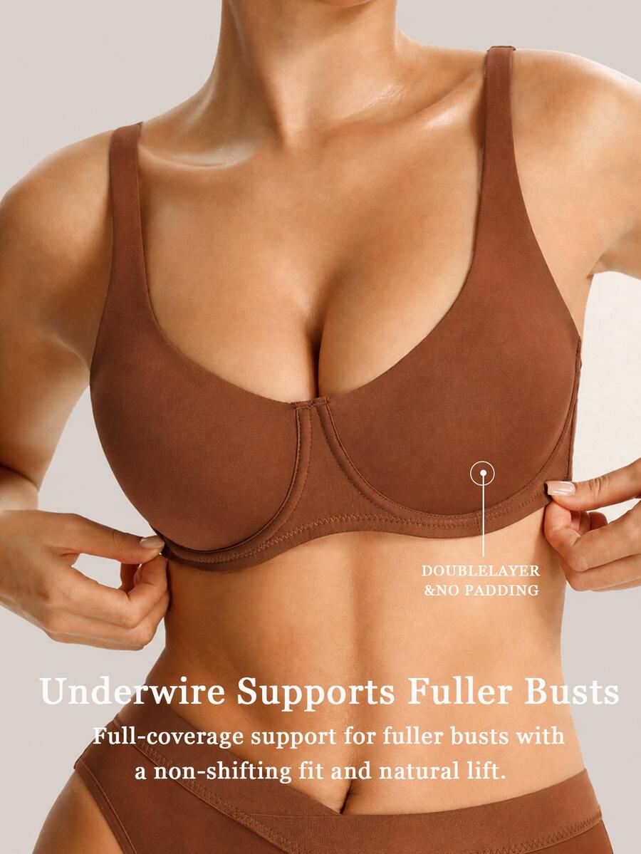 NudeFit 1pc Women's Smooth Seamless Underwire Bra, Soft Comfortable Support, Everyday Basic Lingerie For Work, Casual Wear, Fall & Winter - Brown - View 1