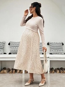 SHEIN 孕婦綠色長袖圓領休閒百搭洋裝，秋季女裝穿搭 - 杏色 - 查看 11