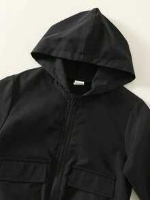 SHEIN 男嬰秋冬純色百搭舒適連帽長袖黑色夾克外套 嬰兒連帽夾克 - 彩色 - 查看 4