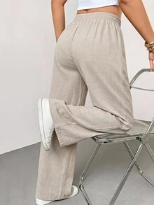 SHEIN Essnce Plus Size Women Solid Color Casual Versatile Daily Wear Long Pants - Khaki - View 1