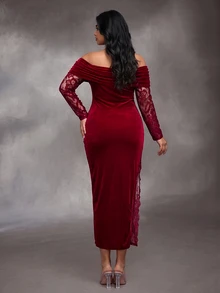 SHEIN Burgundy Velvet Contrast Lace Long Sleeve Plus Size Maternity Evening Gown, Cold Shoulder, High Slit Sheer Lace Elements, Suitable For Evening Party, Cocktail Or Wedding - Burgundy - View 2