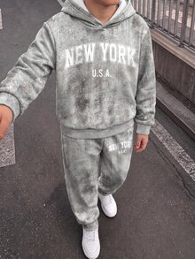 青少年男孩休閒極簡長袖連帽舒適衛衣兩件套，適合秋冬，經典帥氣酷水泥紋理圖案印花，經典旅行城市紐約文字圖案印花 - 彩色 - 查看 1
