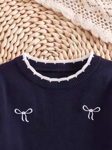 Baby Girl Embroidered Fashion Long Sleeve Sweater Dress For Outings - Navy Blue - View 4