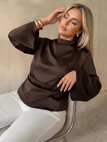 Auralis Áo blouse tay dài dáng xòe xếp ly ôm eo tôn dáng size lớn, lưng eo thun co giãn, phong cách thanh lịch đi làm và dự tiệc - màu nâu - Xem 5