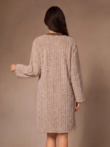 Lazeform Women's Plush Jacquard V-Neck Long Sleeve Nightgown - Multicolor - View 4