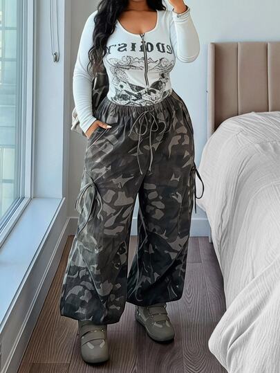 Jeanoix Y2K Plus Size Women Non-Stretch Denim Jogger Pants With Camouflage Print Elastic Waist Design Lantern Pants Cowboy Outfits For Women